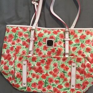 Dooney & Bourke Red Floral Tote with White Trim